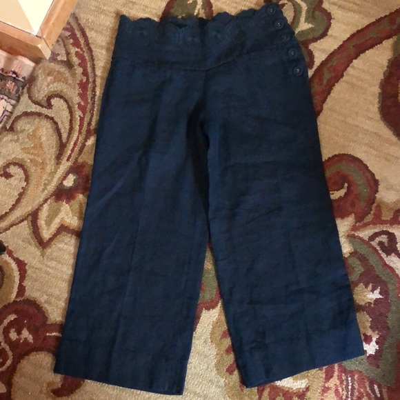ELEVENSES Size 2 Sailor Pant Wide Leg Crop Linen Embroidery Eyelet Blue $128 NEW - Picture 3 of 11